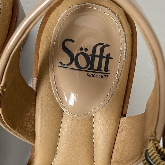 Sofft Gabella Wedge Sandals Sz 7.5 Beige Patent Leather Open Toe Ankle Strap - Picture 10 of 16